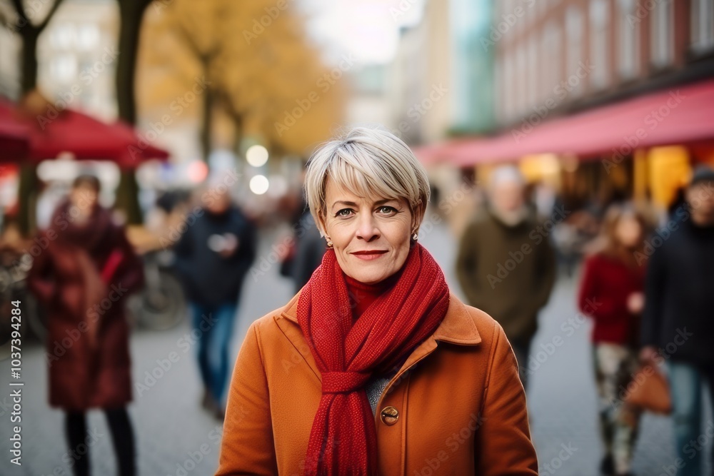 Portrait of a middle-aged woman with a red scarf in the city. Portrait of a middle-aged woman with a red scarf in the city.