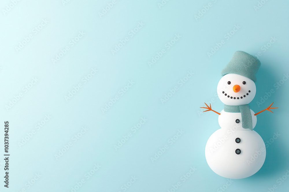 Cute snowman with scarf and hat on a blue background. Banner with copy space Cute snowman with scarf and hat on a blue background. Banner with copy space