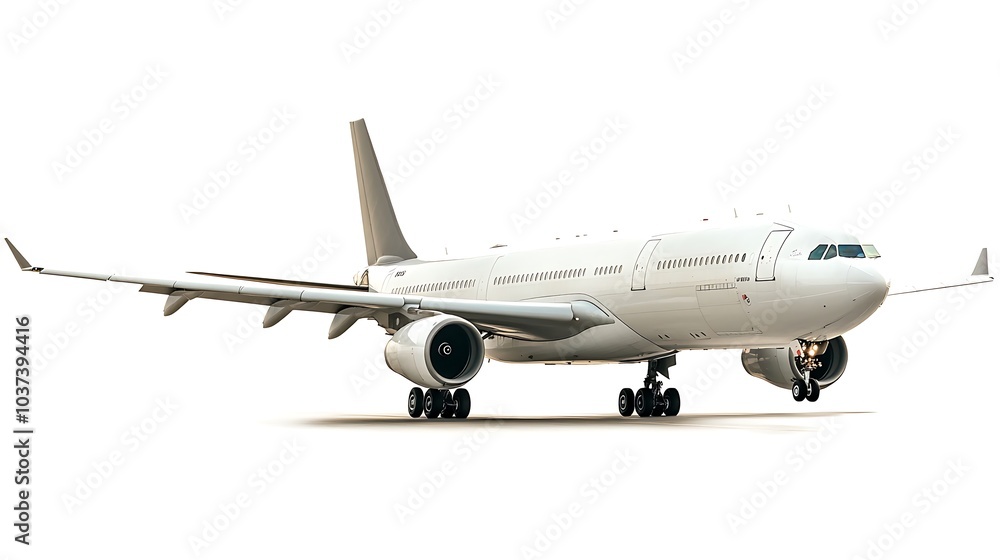 Side view of a commercial jet airplane with extended wings, isolated on a white background Side view of a commercial jet airplane with extended wings, isolated on a white background