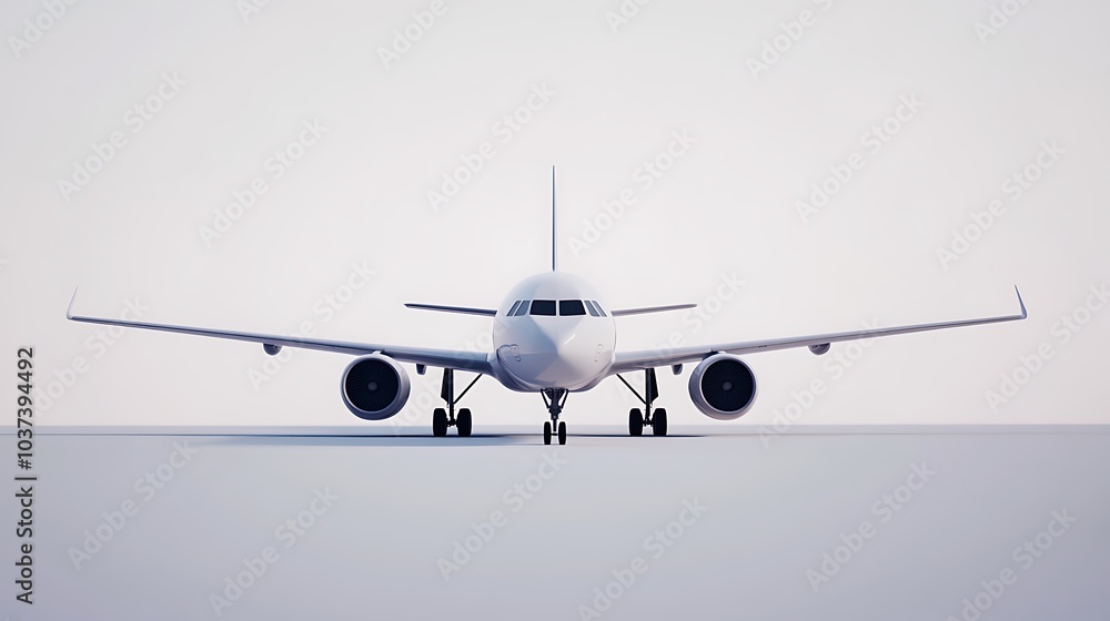 Three-dimensional render of a commercial airplane, isolated against a white background with subtle shading Three-dimensional render of a commercial airplane, isolated against a white background with subtle shading