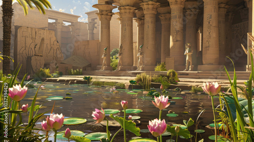 Ancient Egyptian Temple with Lotus Flowers and Hieroglyphics in a Serene Water Garden Under a Clear Blue Sky