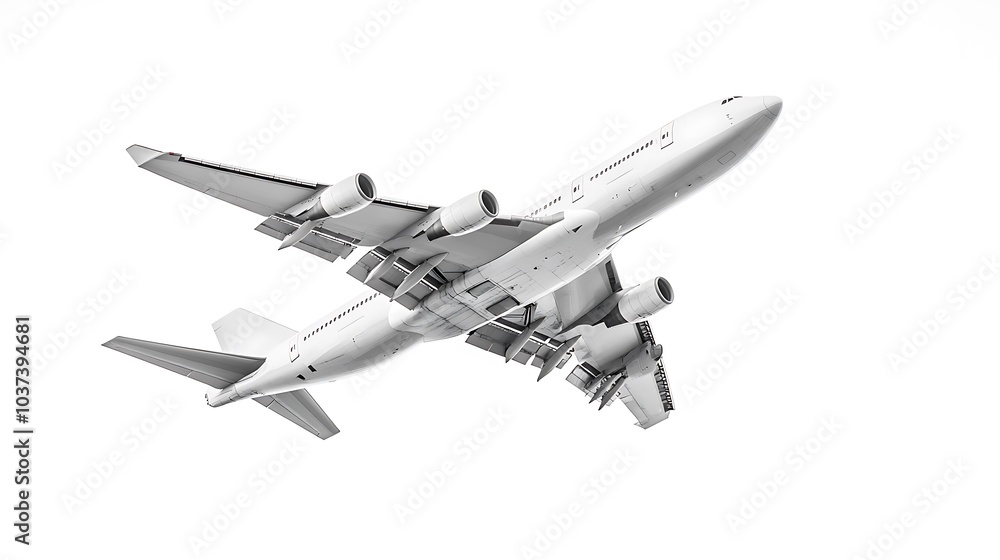 Airplane mid-flight, engines visible under the wings, set against a bright white background Airplane mid-flight, engines visible under the wings, set against a bright white background