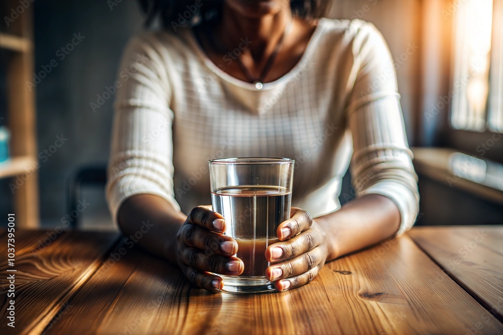 Woman Holding Glass of Water on Wooden Table, Close-Up Woman Holding Glass of Water on Wooden Table, Close-Up