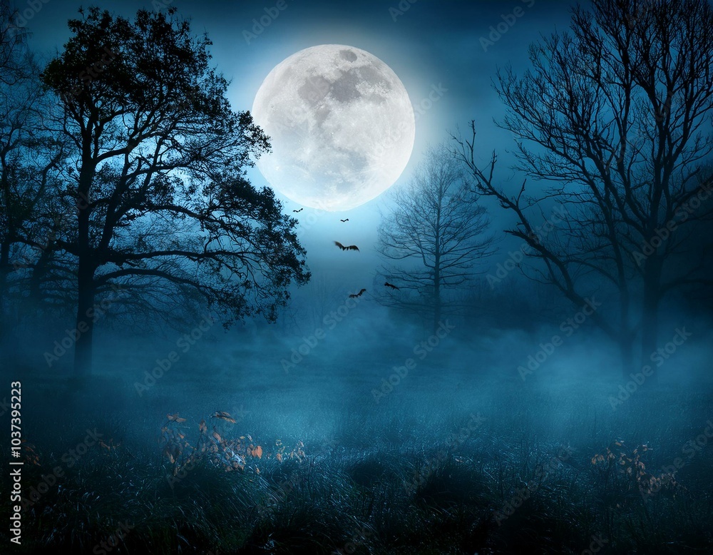 a dark forest clearing on halloween night filled with eerie fog and illuminated by the full moon a dark forest clearing on halloween night filled with eerie fog and illuminated by the full moon
