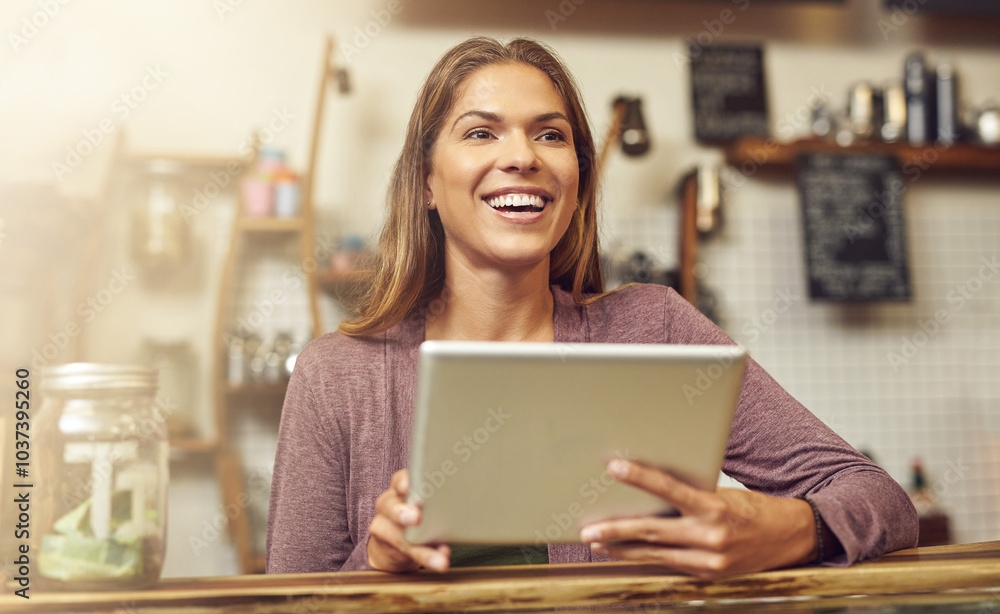 Business owner, typing and woman in store, tablet and internet with connection, online reading and smile. Cafe, entrepreneur and employee with tech, digital app for invoice and email notification Business owner, typing and woman in store, tablet and internet with connection, online reading and smile. Cafe, entrepreneur and employee with tech, digital app for invoice and email notification