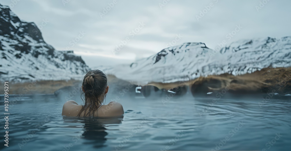 Girl Bathing in Hot Spring with Mountain View. AI generated illustration. Girl Bathing in Hot Spring with Mountain View. AI generated illustration.