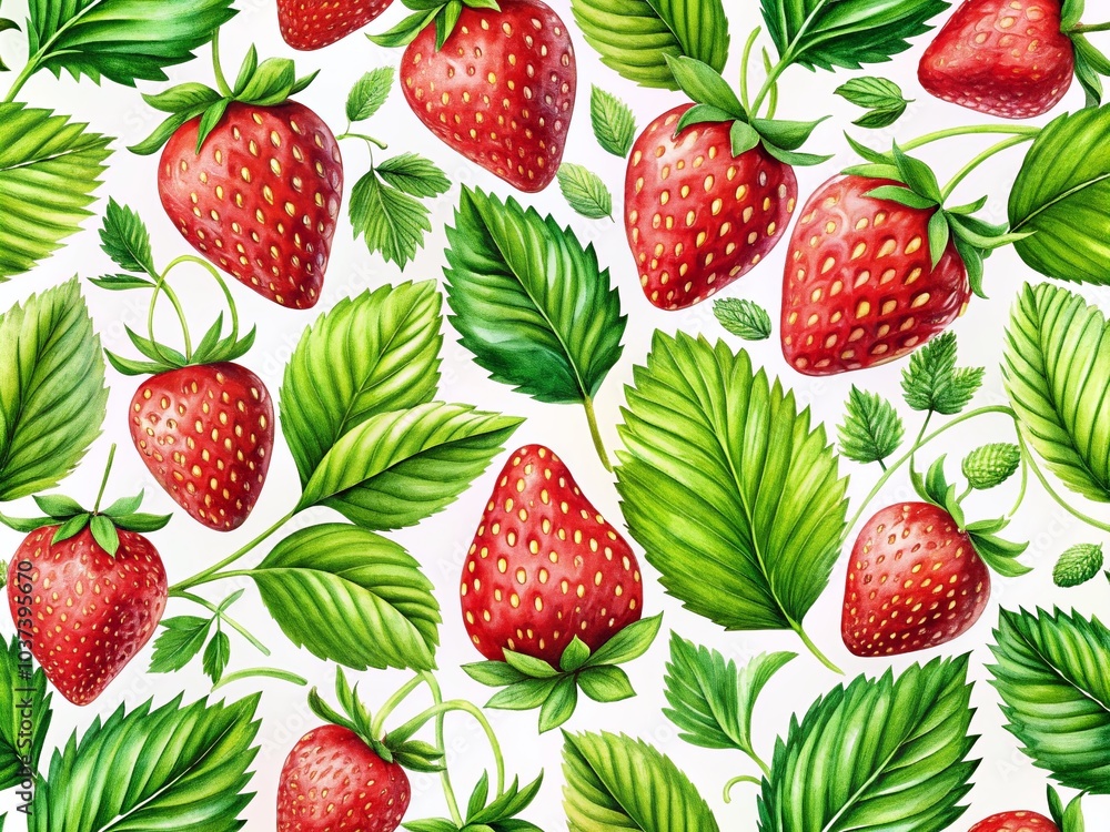 Summer Berries Pattern with Ripe Red Strawberries and Green Leaves for Print Design Summer Berries Pattern with Ripe Red Strawberries and Green Leaves for Print Design