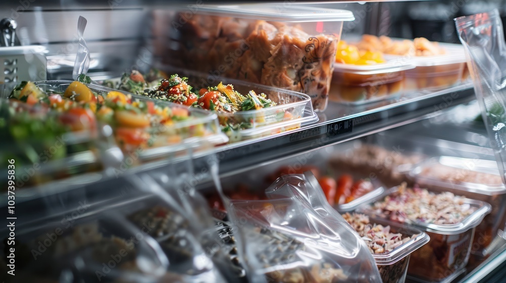 Various Ready-To-Eat Meals in a Glass Case Various Ready-To-Eat Meals in a Glass Case
