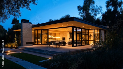 Modern House Exterior at Dusk with Warm Lighting