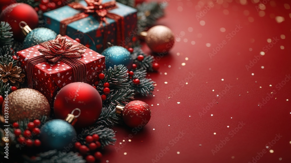 A Colorful Collection of Christmas Toys and Gifts Arranged on a Red Background Perfect for Holiday Celebrations and Decorations A Colorful Collection of Christmas Toys and Gifts Arranged on a Red Background Perfect for Holiday Celebrations and Decorations