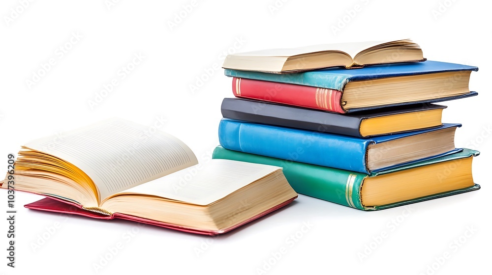 A small stack of softcover books placed next to an open journal on a white background A small stack of softcover books placed next to an open journal on a white background