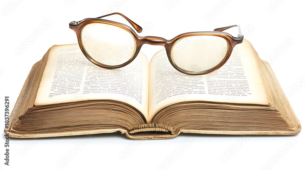 Obraz premium An open book with a pair of reading glasses resting on top, set against a white background