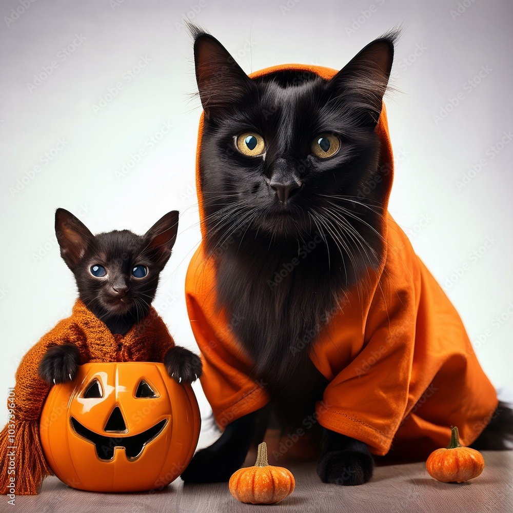 black cat and goat in pumpkin outfits black cat and goat in pumpkin outfits
