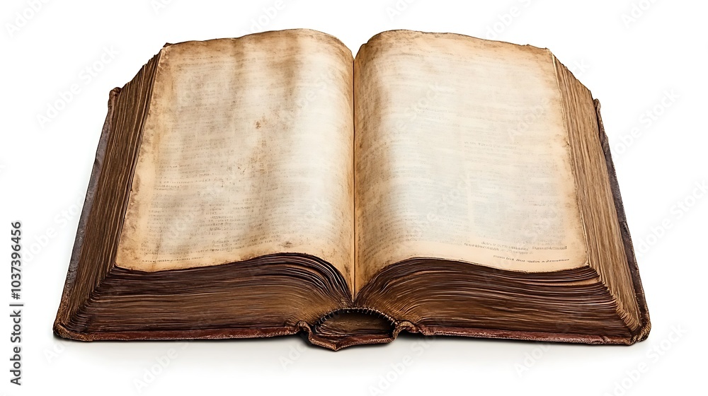 Fototapeta premium Open book lying flat with its spine facing up, isolated on a white background