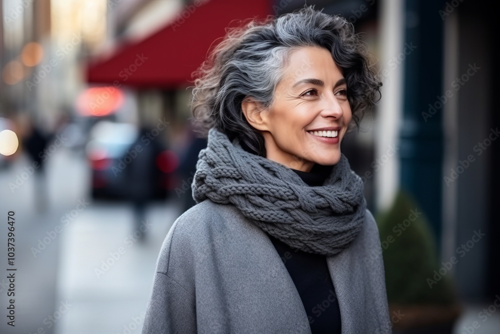 Portrait of a smiling middle-aged woman walking in the city Portrait of a smiling middle-aged woman walking in the city
