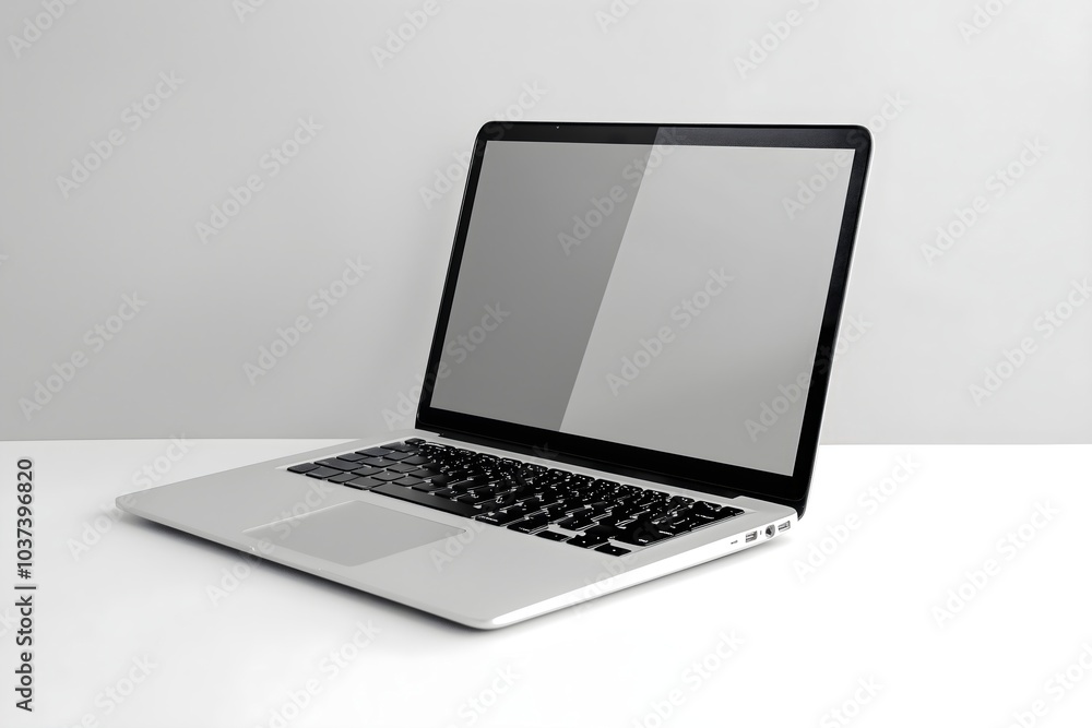 Horizontal banner. Laptop with blank screen isolated on white background, white aluminium body. Whole in focus. High detailed. Template, mockup. Horizontal banner. Laptop with blank screen isolated on white background, white aluminium body. Whole in focus. High detailed. Template, mockup.