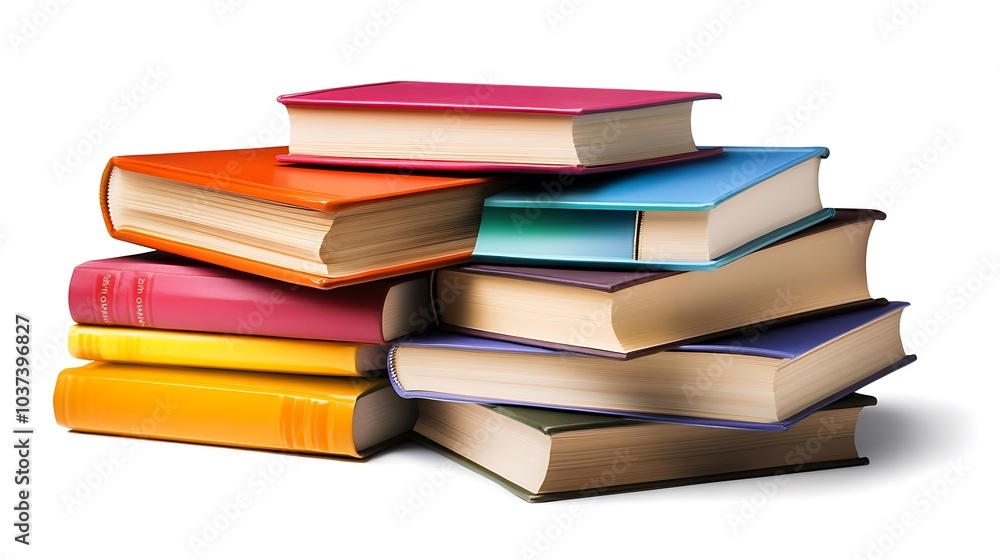 Stack of hardcover books with colorful spines arranged neatly on a white background Stack of hardcover books with colorful spines arranged neatly on a white background