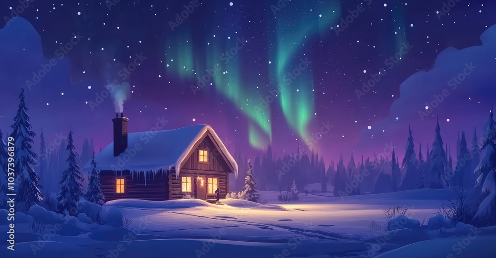 Northern Lights Over Wooden House. AI generated illustration.