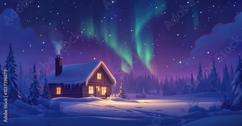 Northern Lights Over Wooden House. AI generated illustration.