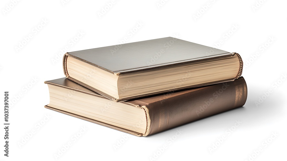 Two books stacked at an angle, one with an open cover, isolated on a white background Two books stacked at an angle, one with an open cover, isolated on a white background