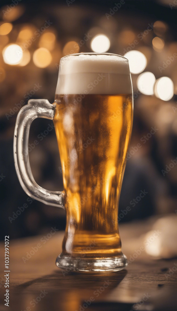 Fresh beer mug with blurred background in brewpubs Oktoberfest banner vertical Fresh beer mug with blurred background in brewpubs Oktoberfest banner vertical