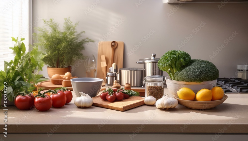 cooking ingredients standing on kitchen counter top cooking ingredients standing on kitchen counter top