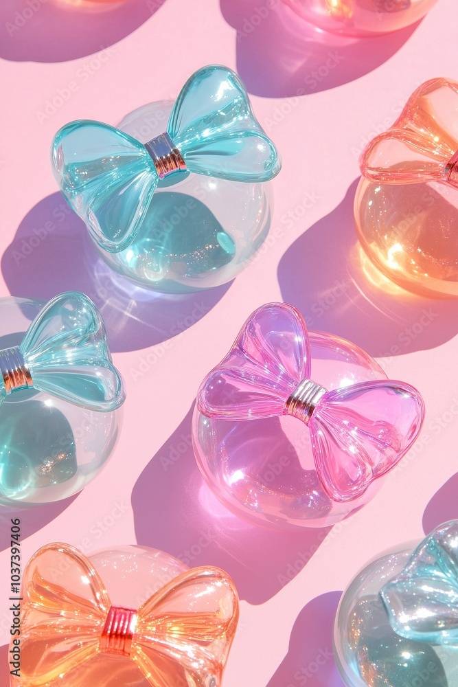 retro glass bow shaped christmas baubles pattern on a pastel background, flat lay retro glass bow shaped christmas baubles pattern on a pastel background, flat lay
