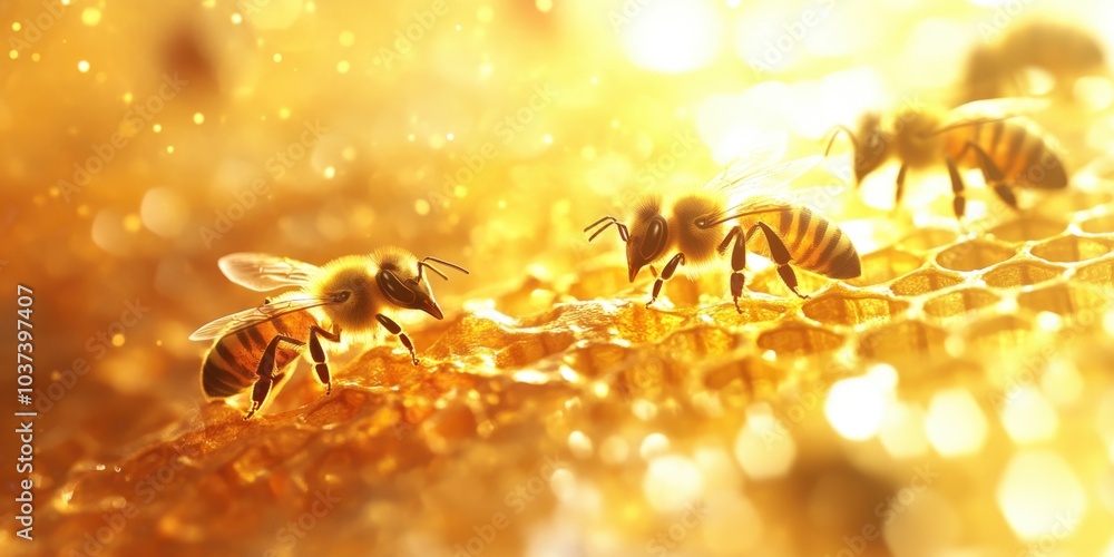 Close-up of bees on luminous honeycomb in golden light Close-up of bees on luminous honeycomb in golden light