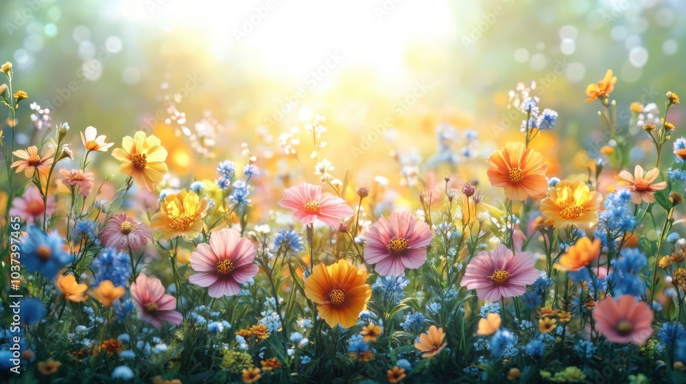 A Vibrant Colorful Flower Meadow Bathed in Sunbeams with Beautiful Bokeh Lights, Perfect for Nature and Spring-Themed Projects A Vibrant Colorful Flower Meadow Bathed in Sunbeams with Beautiful Bokeh Lights, Perfect for Nature and Spring-Themed Projects