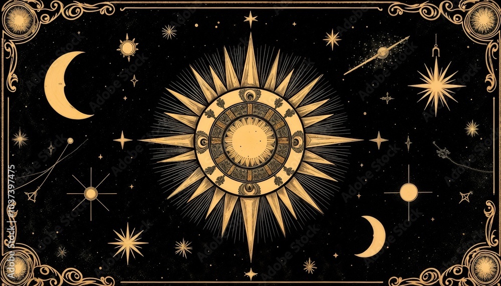 Mystical Celestial Design with Golden Sun, Moon, and Stars in Enchanting Night Sky Mystical Celestial Design with Golden Sun, Moon, and Stars in Enchanting Night Sky
