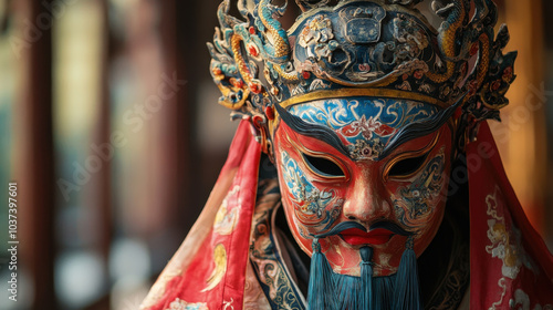 Traditional Chinese opera mask showcasing intricate designs and vibrant colors, symbolizing cultural heritage and artistry. mask reflects rich history and emotional depth of Chinese performance art photo