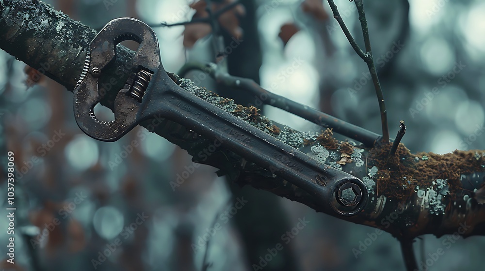 A wrench dangling from a forest tree branch A wrench dangling from a forest tree branch