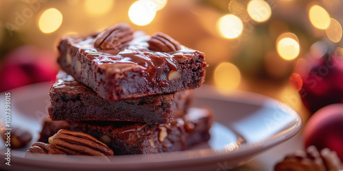 Stack of delicious chocolate brownies with pecans and melted chocolate on top, set in a cozy festive background, perfect for dessert or holiday celebrations