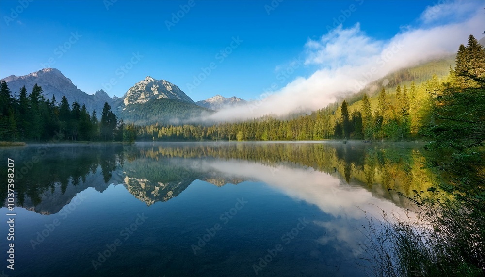 misty morning reflection on a tranquil lake surrounded by lush forest and majestic mountains misty morning reflection on a tranquil lake surrounded by lush forest and majestic mountains