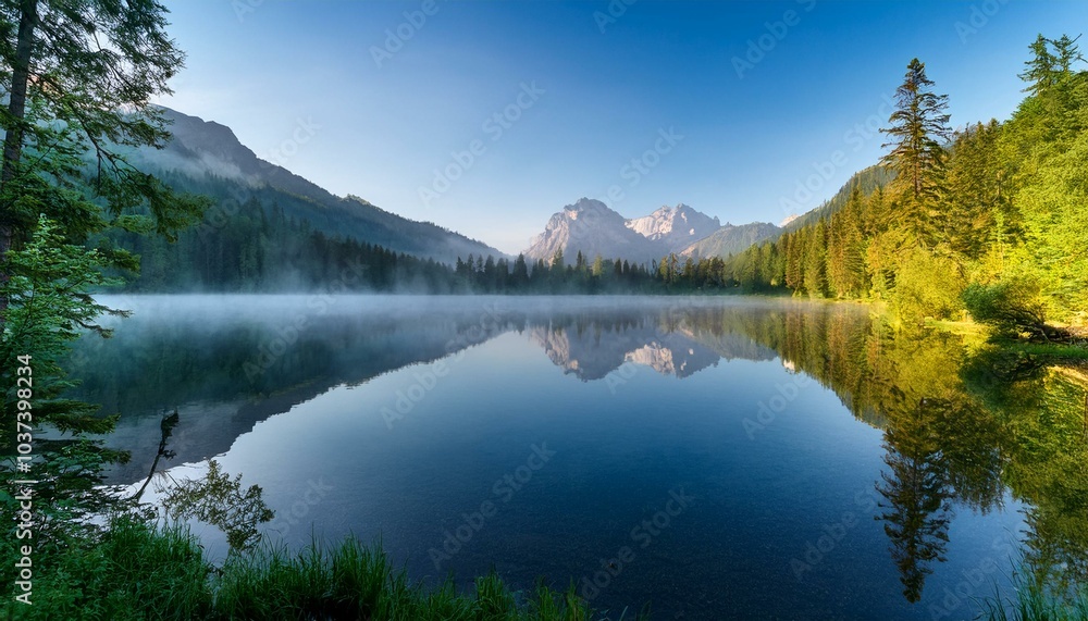 misty morning reflection on a tranquil lake surrounded by lush forest and majestic mountains misty morning reflection on a tranquil lake surrounded by lush forest and majestic mountains