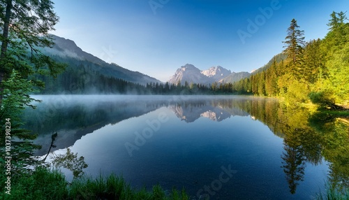 misty morning reflection on a tranquil lake surrounded by lush forest and majestic mountains