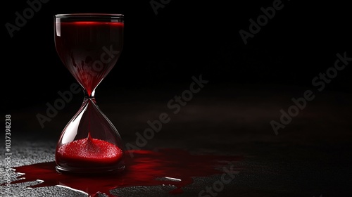 Blood-Filled Hourglass Spilling Onto Dark Surface