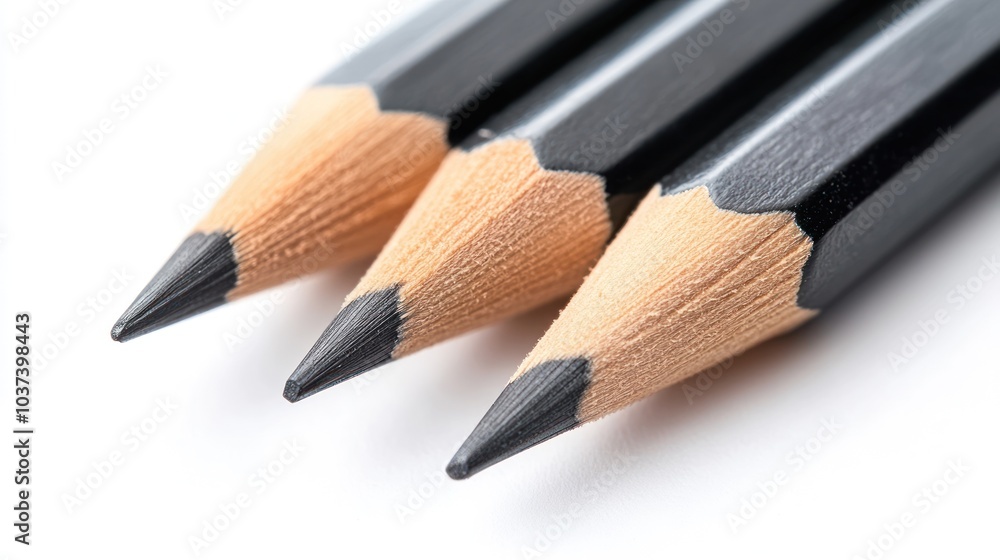 Three sharpened pencils arranged closely, showcasing their tips and wooden bodies. Three sharpened pencils arranged closely, showcasing their tips and wooden bodies.