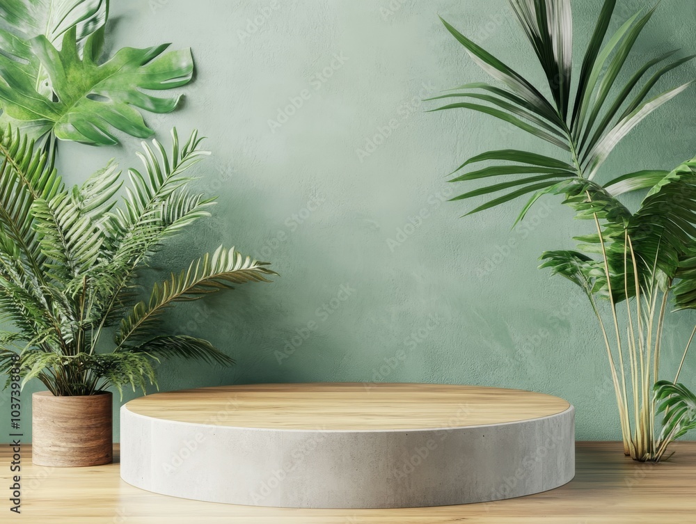 Minimalist Round Table Surrounded by Lush Tropical Foliage, Beauty Cosmetic Health Supplement product placement pedestal display Minimalist Round Table Surrounded by Lush Tropical Foliage, Beauty Cosmetic Health Supplement product placement pedestal display