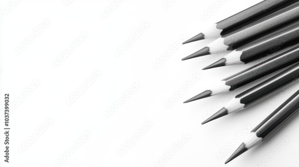 A collection of black and white pencils arranged neatly on a white background. A collection of black and white pencils arranged neatly on a white background.