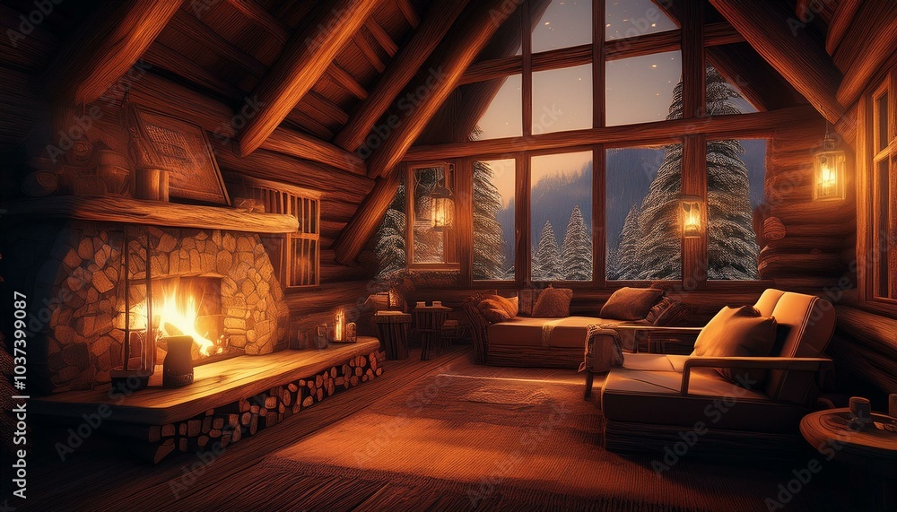 the scene is set in a cozy cabin with a warm glow from the lights inside the scene is set in a cozy cabin with a warm glow from the lights inside