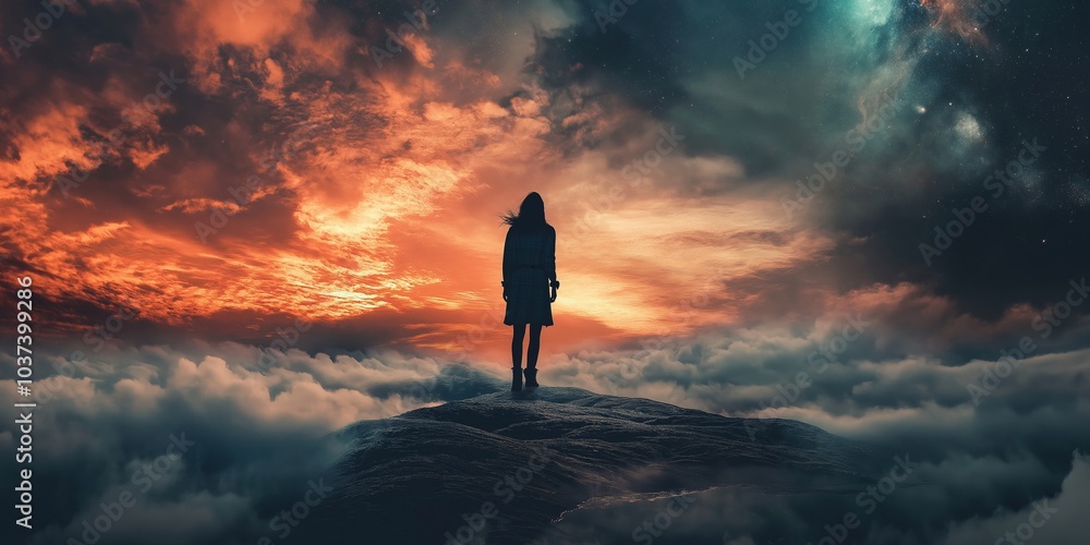 Obraz premium A silhouetted person stands beneath a fiery, dramatic sky.