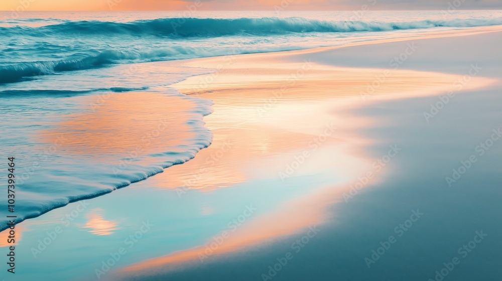 sandy beach at sunset, light blue and white colors sandy beach at sunset, light blue and white colors