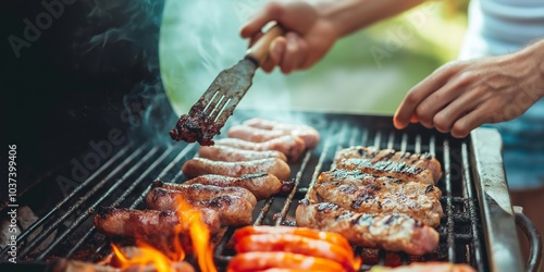 A person turns sizzling sausages and steaks on a grill with flames licking at the juicy meat. photo