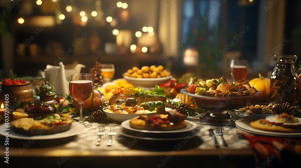 A joyful Thanksgiving dinner with family toasting around a table filled with festive dishes and desserts. A joyful Thanksgiving dinner with family toasting around a table filled with festive dishes and desserts.