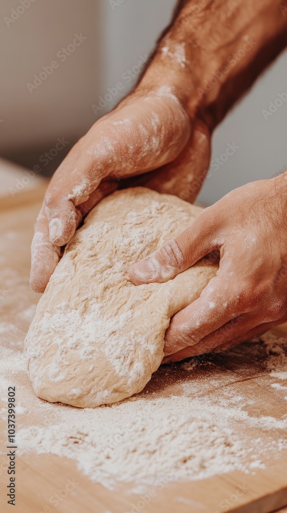 Hands kneading pizza dough with flour scattered on a rustic wooden table in a cozy kitchen, capturing culinary creativity and tradition Hands kneading pizza dough with flour scattered on a rustic wooden table in a cozy kitchen, capturing culinary creativity and tradition