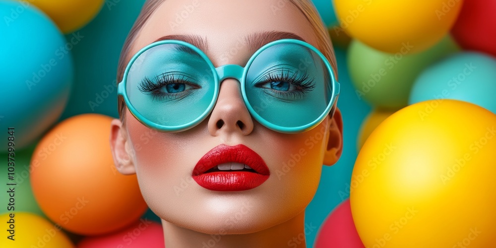 Retro Chic: A vibrant portrait of a fashion model with bold, oversized turquoise sunglasses, surrounded by colorful balloons. Retro Chic: A vibrant portrait of a fashion model with bold, oversized turquoise sunglasses, surrounded by colorful balloons.