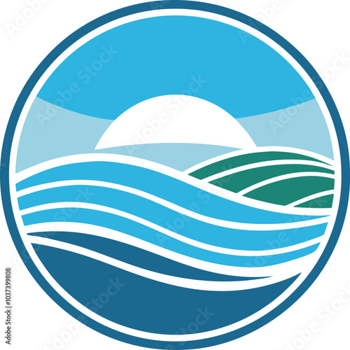 Coastal Harmony Logo: Serene ocean waves meet verdant fields under a bright sun in this circular logo design, symbolizing balance and tranquility. 
