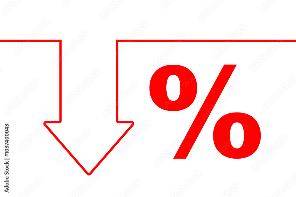 Decreasing and reduction concept. Minimalist vector art features a line-drawn red downward arrow with a percentage symbol against a white backdrop. Decreasing and reduction concept. Minimalist vector art features a line-drawn red downward arrow with a percentage symbol against a white backdrop.