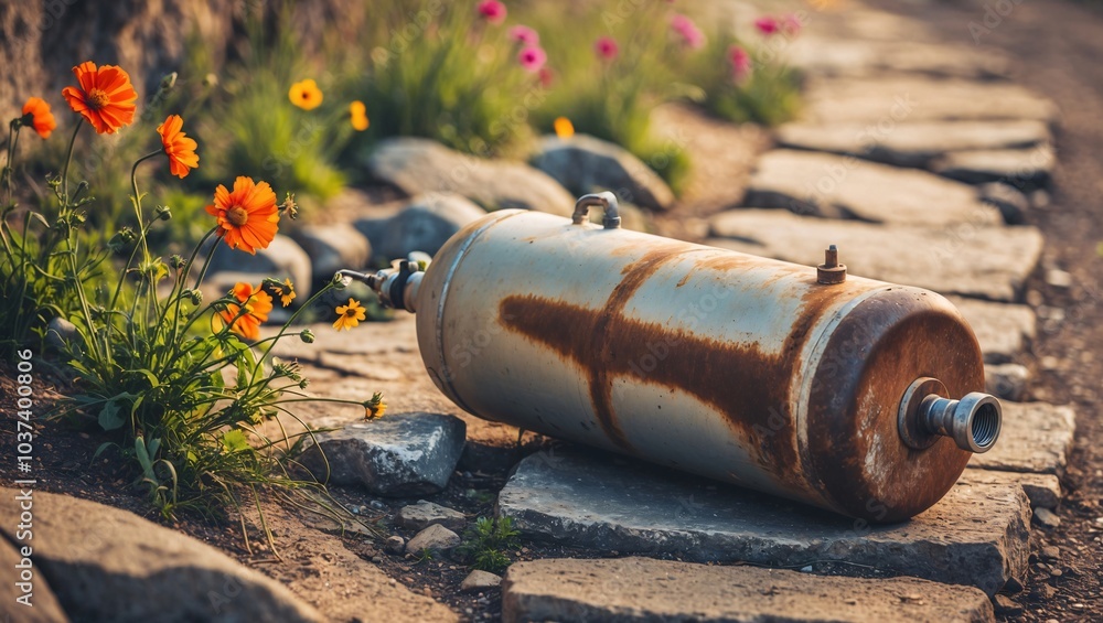 Rusty Oxygen Tank on Rocky Path with Wildflowers Rusty Oxygen Tank on Rocky Path with Wildflowers